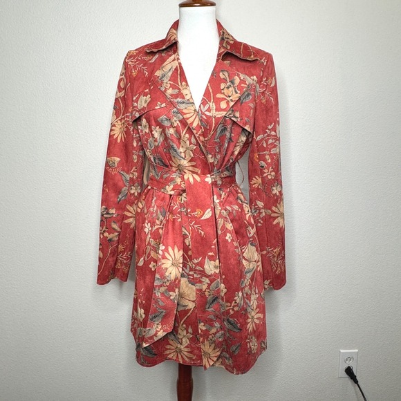 SOLITAIRE Anthropologie Wrap Belted Trench Coat MEDIUM Faux Suede Rust Floral - Picture 1 of 11